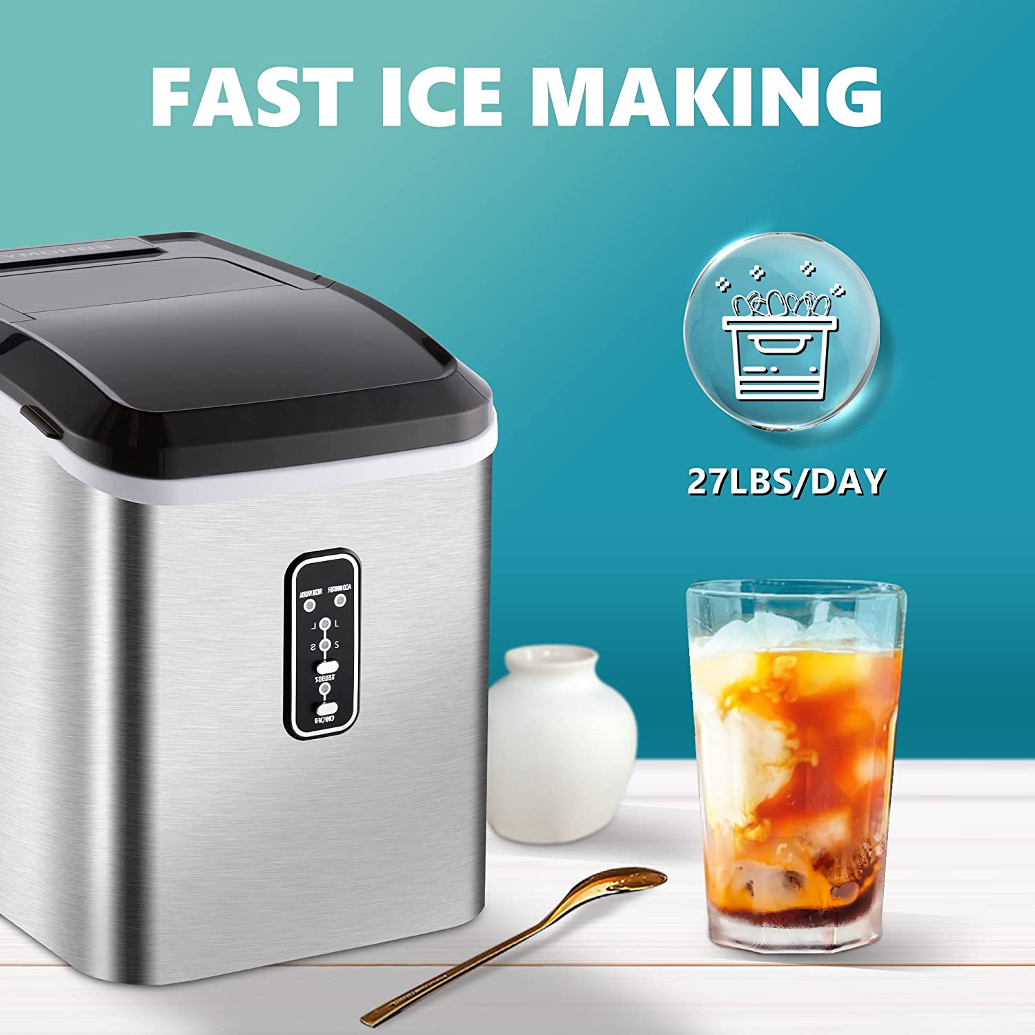 EUHOMY Ice Maker Machine Countertop, 27 lbs in 24 Hours, 9 Cubes Ready in 6  Mins (Sliver)